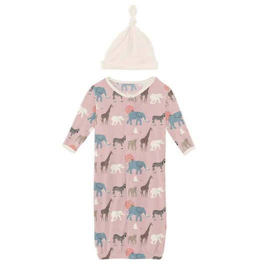 KicKee Pants Print Layette Gown Converter & Single Knott Hat Set in Baby Rose Just So Animal