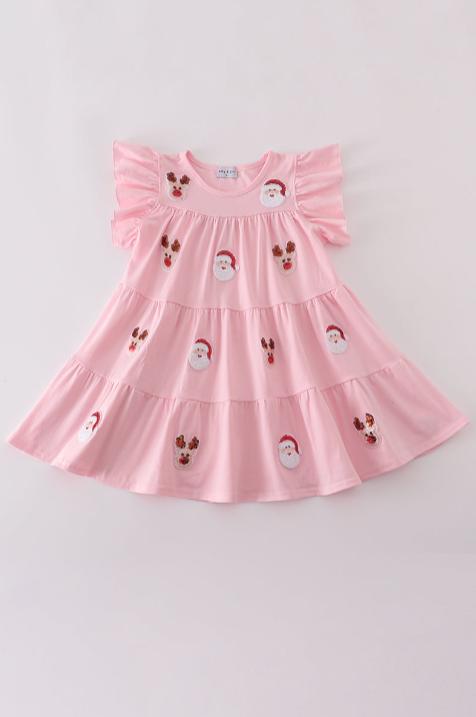 Abby & Evie Pink Santa Claus Reindeer Sequin Tiered Ruffle Dress