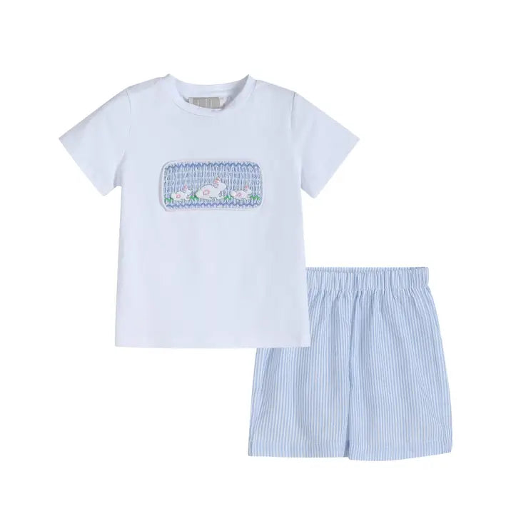 Lil Cactus-Blue Seersucker Bunnies Smocked Shirt and Shorts Set
