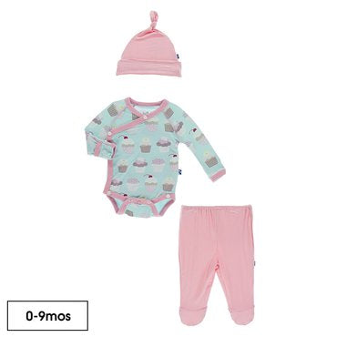 KICKEE PANTS KIMONO GIFT SET WITH ELEPHANT BOX IN SUMMER SKY CUPCAKES