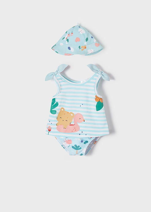 Mayoral Striped Sky Blue Bathing Suit With Hat