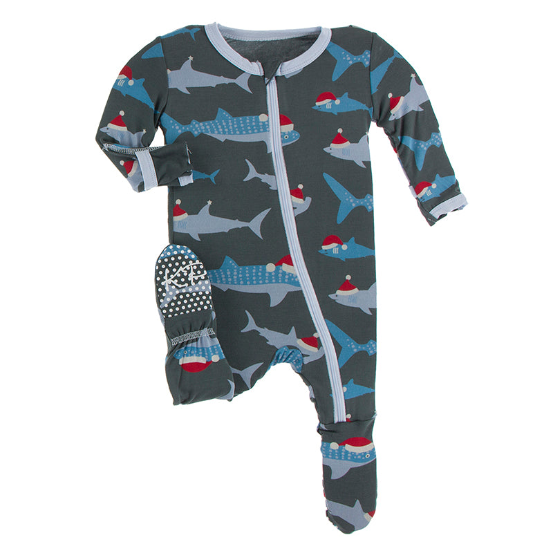 KICKEE PANTS PRINT FOOTIE WITH ZIPPER PEWTER SANTA SHARKS