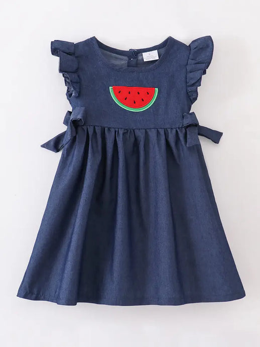 Watermelon Denim Bow Ruffle GIrl Dress