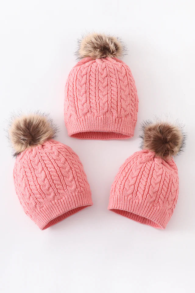Abby & Evie Bubblegum Pink Cable Knit Pom Pom Beanie Hat - Kids