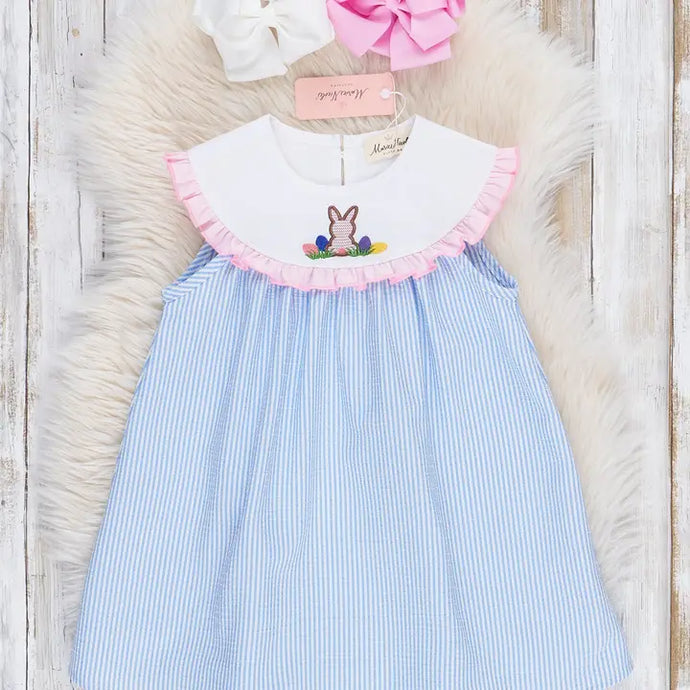 Marie Nicole Blue Striped Poplin Bunny Vintage Ruffle Dress