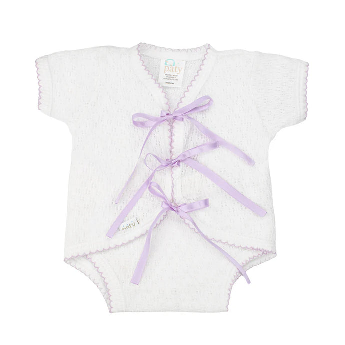 Paty inc. White short sleeve Fold over w/ Lavender ribbon ties