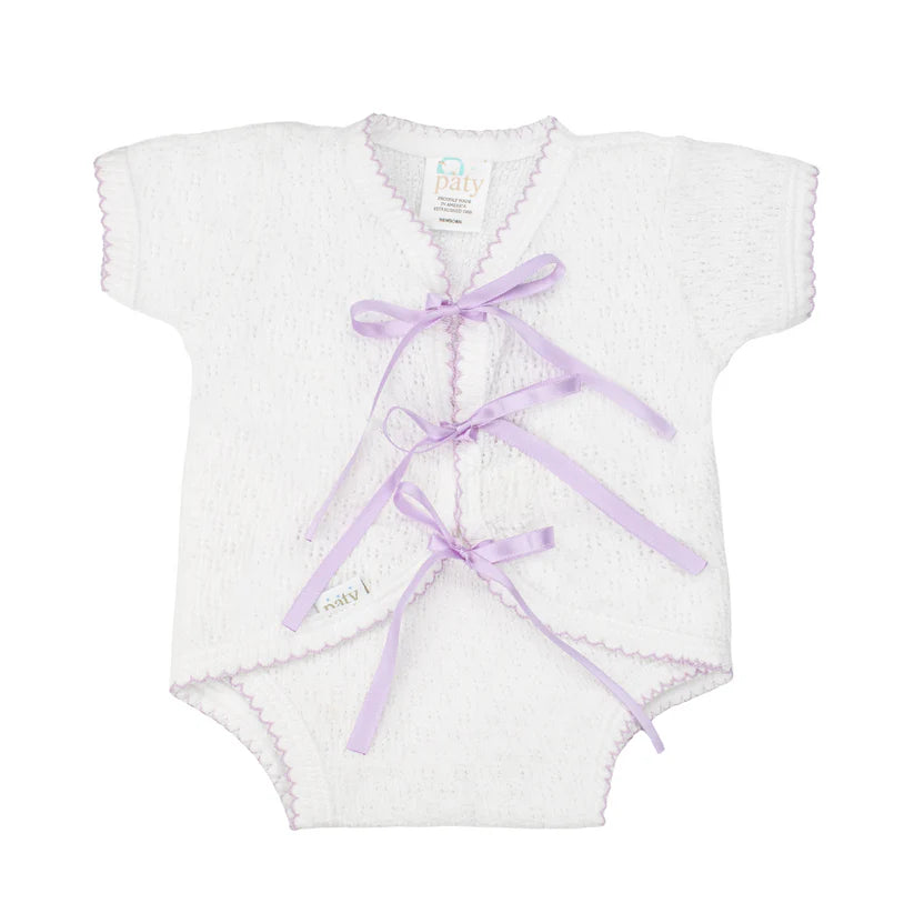 Paty inc. White short sleeve Fold over w/ Lavender ribbon ties