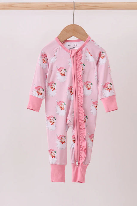 Abby & Evie Pink Santa Claus Bamboo Ruffle Zipper Romper