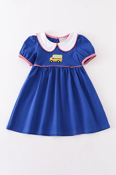 Abby and Evie Blue bus embroidery back to school dress