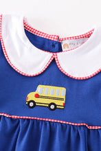 Abby and Evie Blue bus embroidery back to school dress