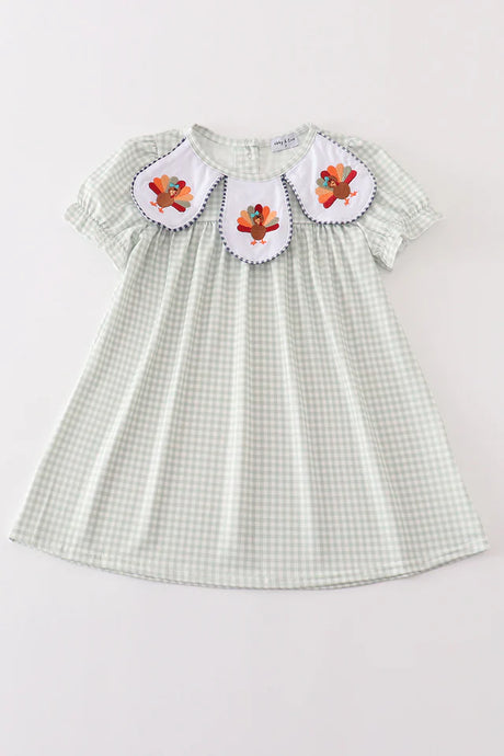 Abby & Evie Sage Turkey Embroidery Gingham Dress