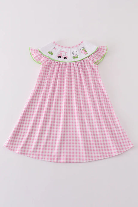 Abby & Evie Pink golf embroidery gingham dress