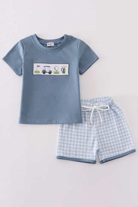 Abby & Evie Blue golf embroidery smocked set