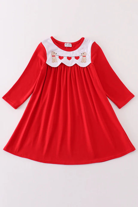 Abby & Evie Red valentine's day puppy embroidery dress