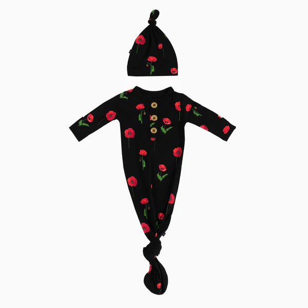 Knotted Gown with Hat Set in Midnight Poppies - Newborn