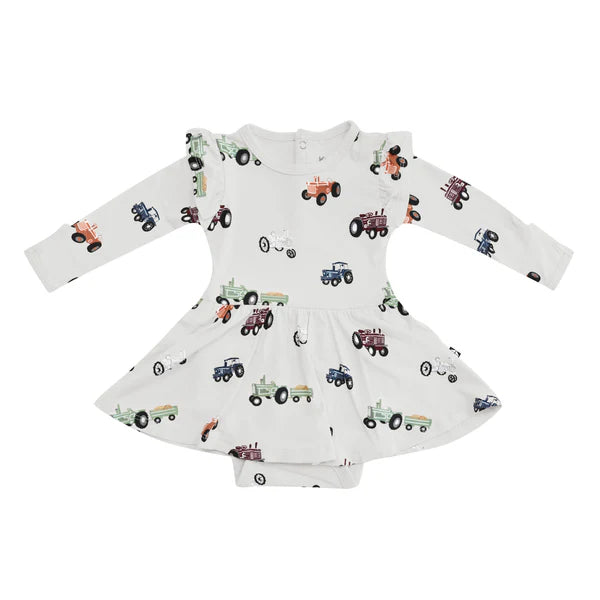 KYTE Baby Long Sleeve Twirl Bodysuit Dress in Tractor