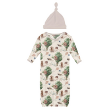 Kickee Pants Print Layette Gown Converter & Single Knot Hat Set in Natural Tree House (NB)