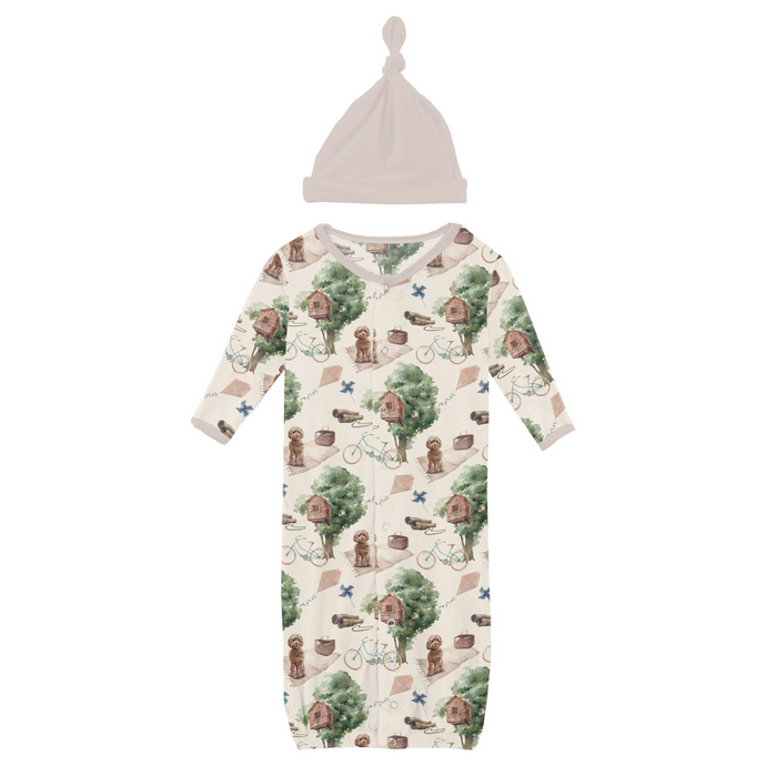 Kickee Pants Print Layette Gown Converter & Single Knot Hat Set in Natural Tree House (NB)