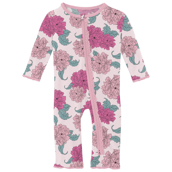 Kickee Pants Print Muffin Ruffle Coverall with 2 Way Zipper in Shrinking Violet Peonies (18-24M)