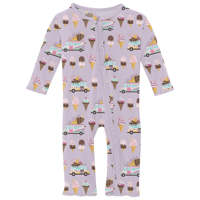 Kickee Pants Print Muffin Ruffle Coverall with 2 Way Zipper in Thistle Ice Cream Truck