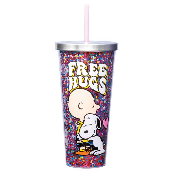 20oz Foil & Glitter Cup - Peanuts - Free Hugs