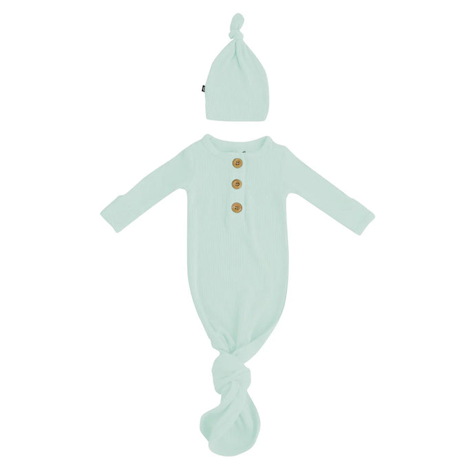Kyte Baby Ribbed Knotted Gown with Hat Set in Sage - Newborn