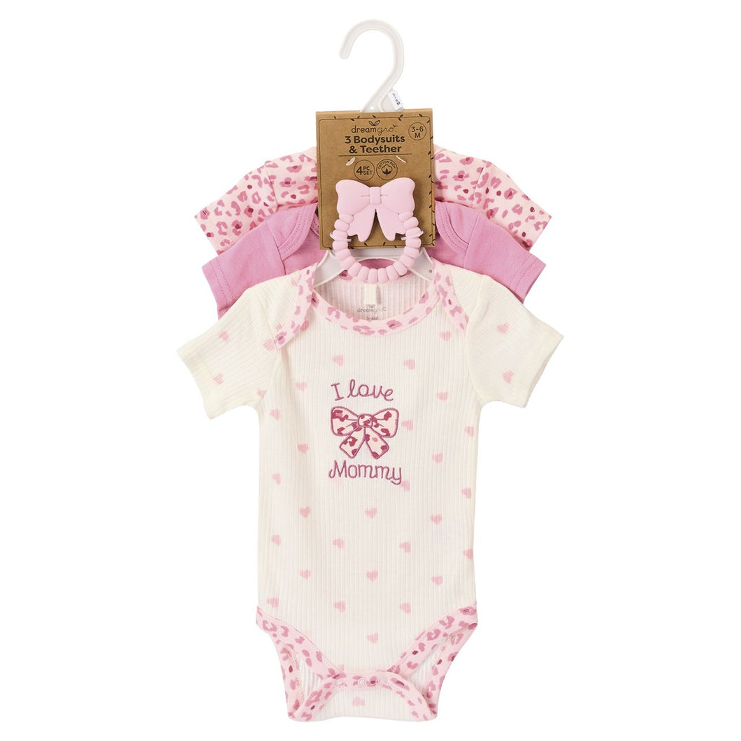 4-Piece Baby Bodysuits & Teether Set - I Love Mommy