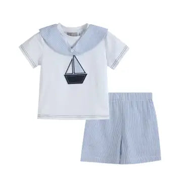 White Sailboat Tee and Blue Seersucker Shorts Set