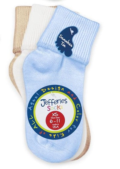 Jefferies Socks Smooth Toe Turn Cuff Socks 3 Pair Pack (Blue,White,Tan)