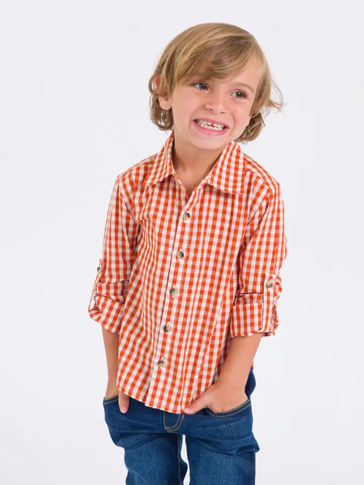 Rugged Butts Boys Classic Rust Gingham Long Sleeve Button Down