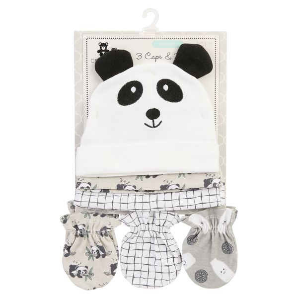 6-Piece Infant Cap & Mitten Set - Panda