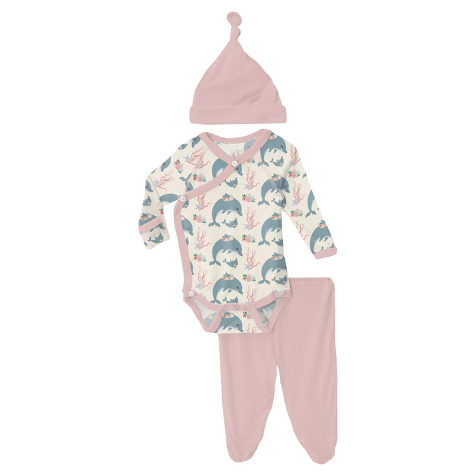 Kickee Pants Print Kimono Newborn Gift Set with Elephant Box in Natural Dolphins (Preemie)
