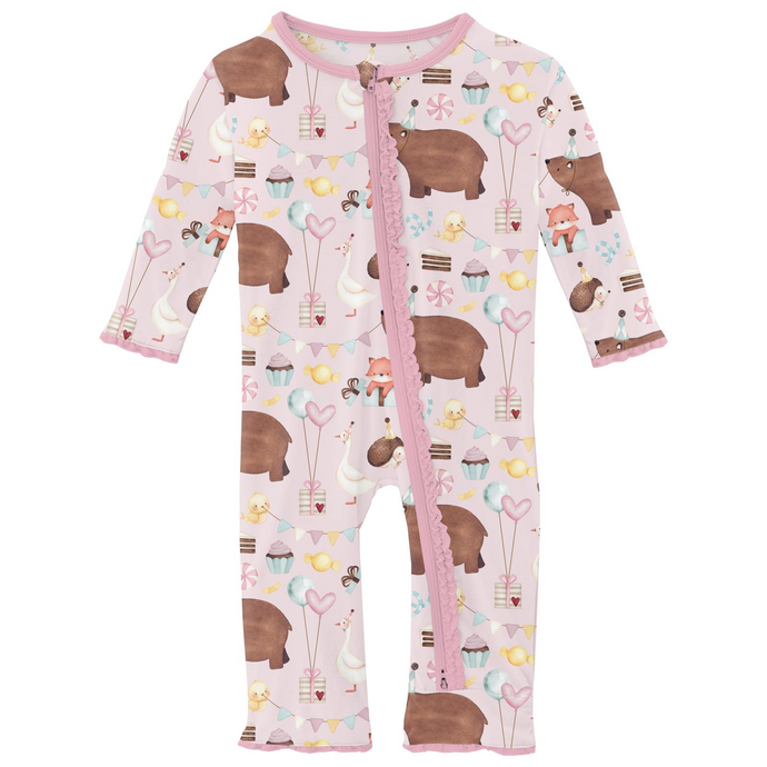 Kickee Pants Print Muffin Ruffle Coverall with 2 Way  Zipper in Shrinking Violet Forest Party