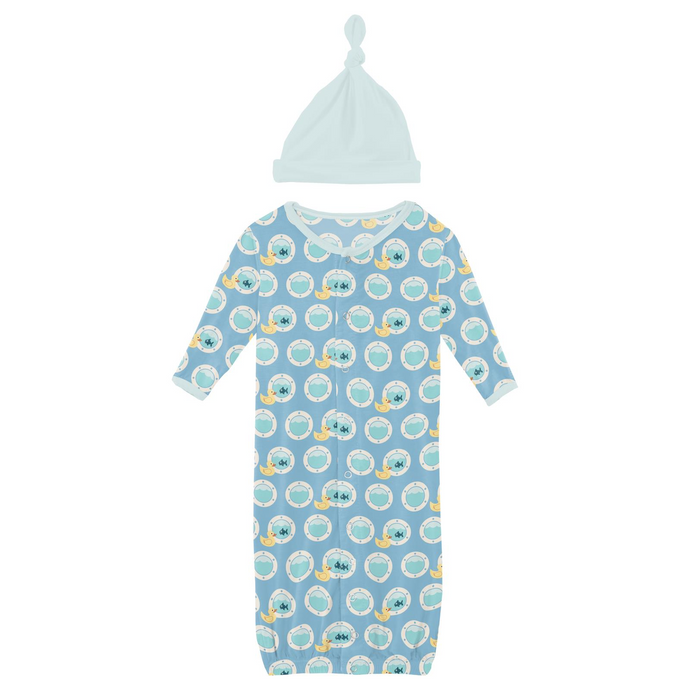 Kickee Pants Print Layette Gown Converter & Single Knot Hat Set in Seaside Blue Porthole Rubber Ducky (NB)