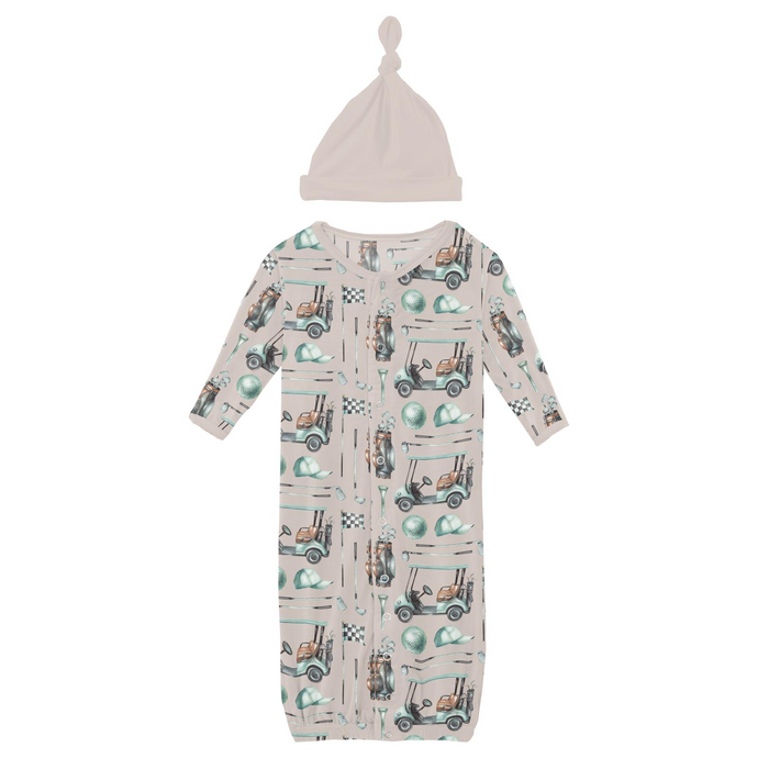Kickee Pants Print Layette Gown Converter & Single Knot Hat Set in Latte Golf