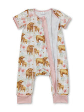 Short Sleeves Highland Cow Floral Baby Girls Zipper Romper