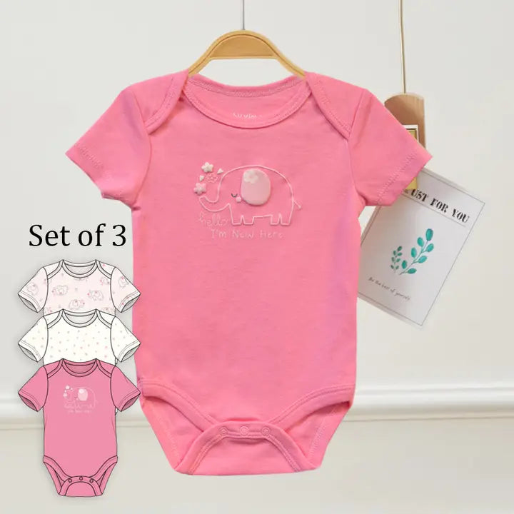 Pack of 3 Baby Elephant Puff Screen Print Pattern Bodysuits