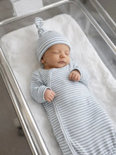 Dusty Blue Stripe / Ribbed Gown W/ Hat 0-3M
