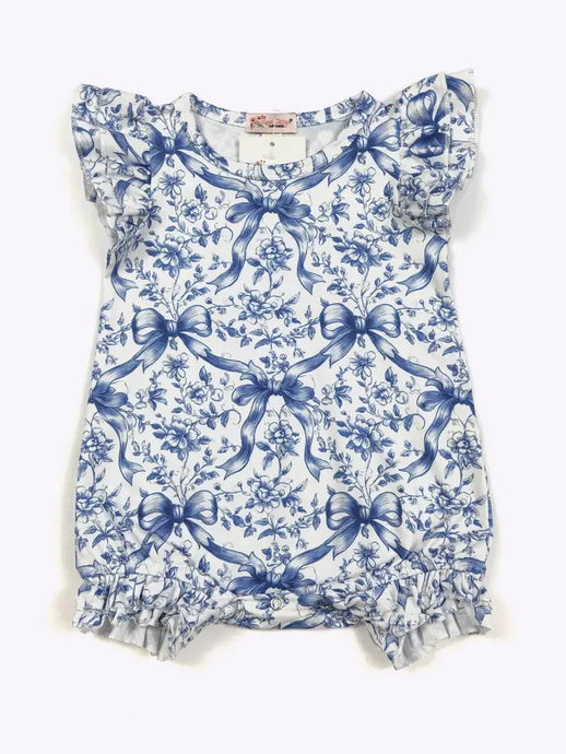 Clover Cottage Preppy Blue Bow Baby Romper (12-24M)