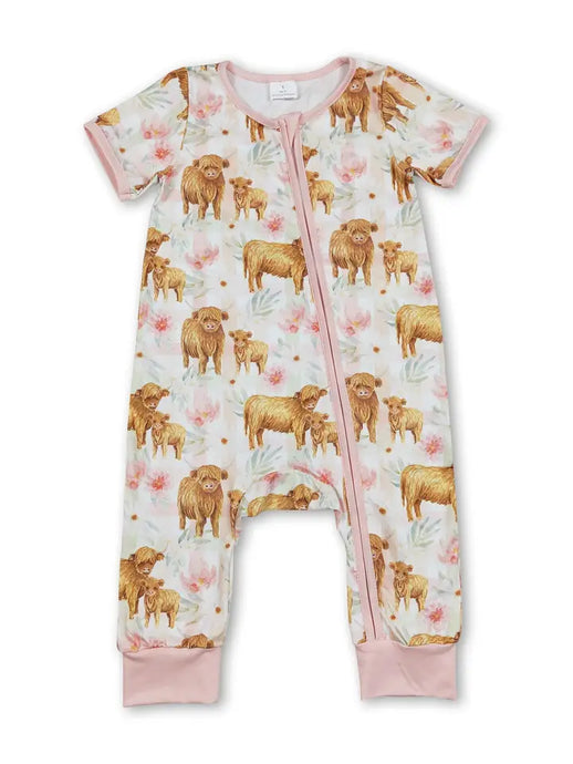 Short Sleeves Highland Cow Floral Baby Girls Zipper Romper