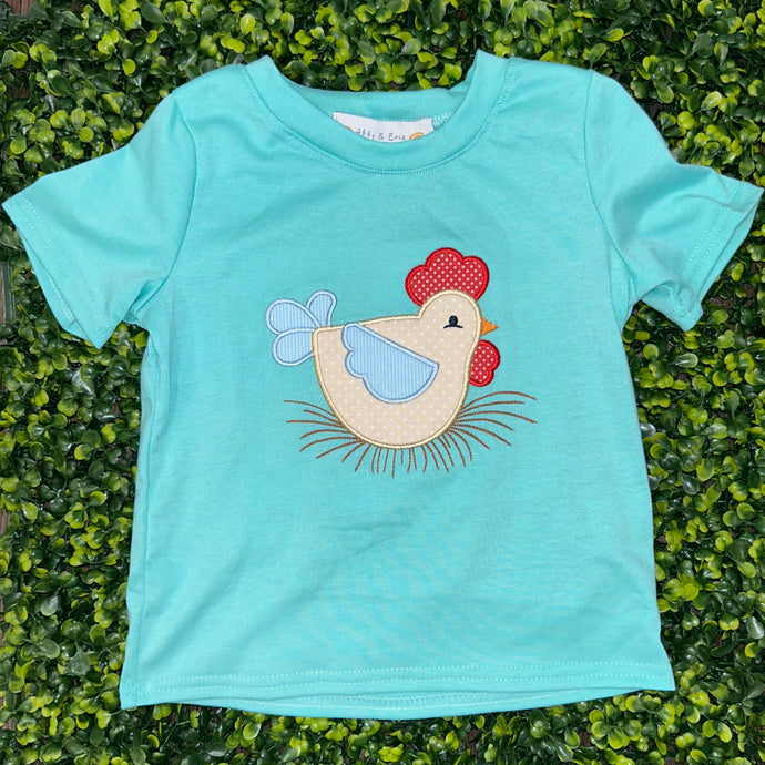 Abby and Evie Blue chicken applique boy set