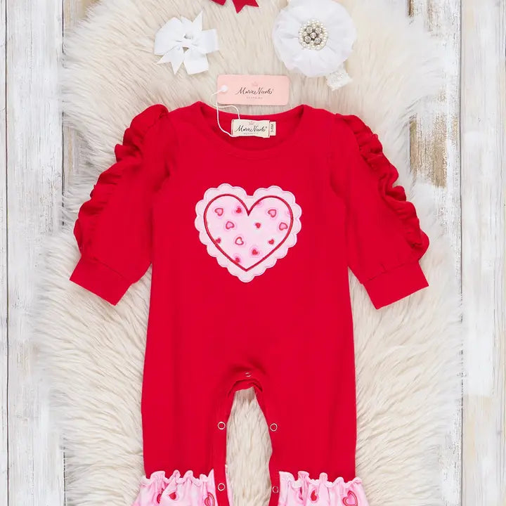 Red & Pink Stitched Heart Ruffle Romper