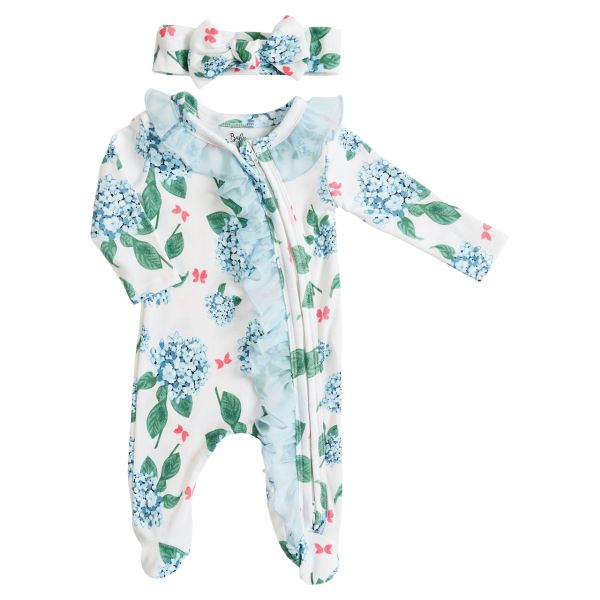 Baby Ruffle Zipper Footie Sleeper with Headband - Blue Floral