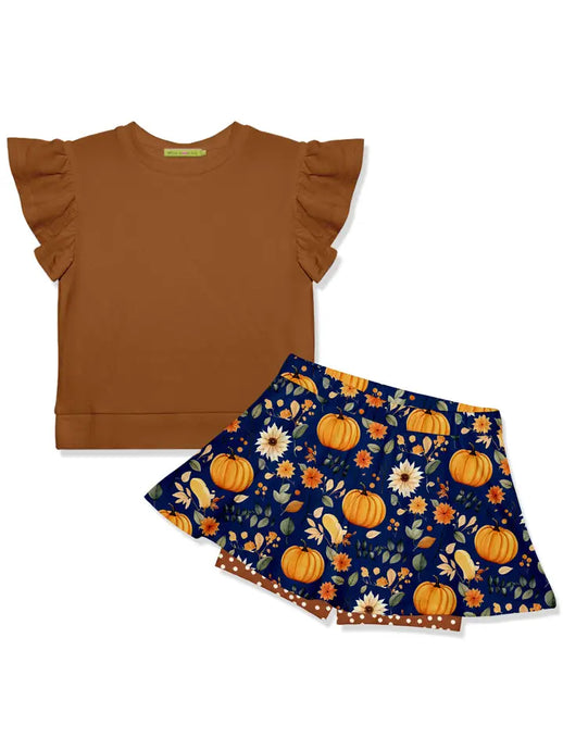 Millie Loves Lily Girls Caramel Cafe Fr Terry Top & Navy Pumpkin Forest Skort