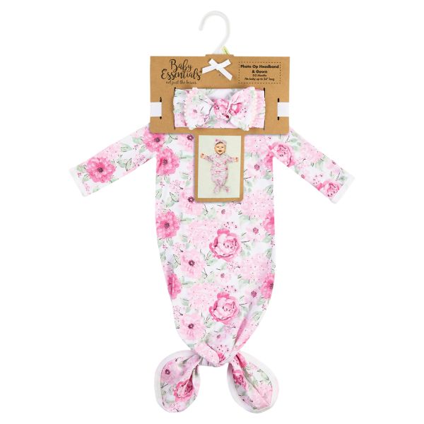 2-Piece Photo Op Baby Headband and Gown Set - Pink Floral 0-3M