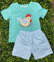 Abby and Evie Blue chicken applique boy set