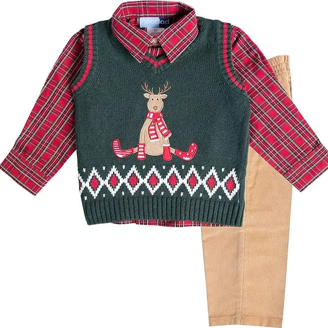 Good Lad Infant Boys Green Christmas Sweater Vest Set | 12 Months