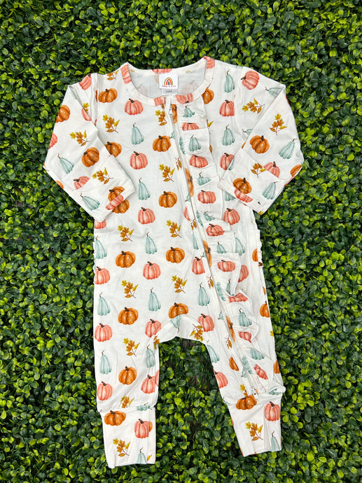 Abby and Evie White Pumpkin Print Ruffle Romper