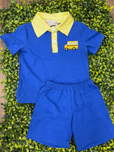 Abby and Evie Blue Bus Embroidery Back to School Boy Set