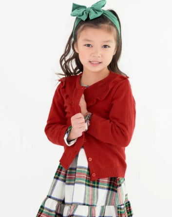 Classic Red Sweater Knit Ruffle Trim Cardigan